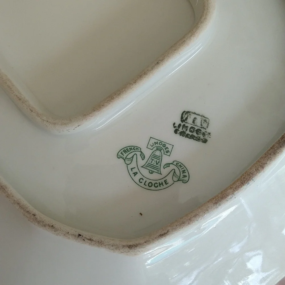 Antique Limoges porcelain navy white gold hand painted gravy boat tray la cloche